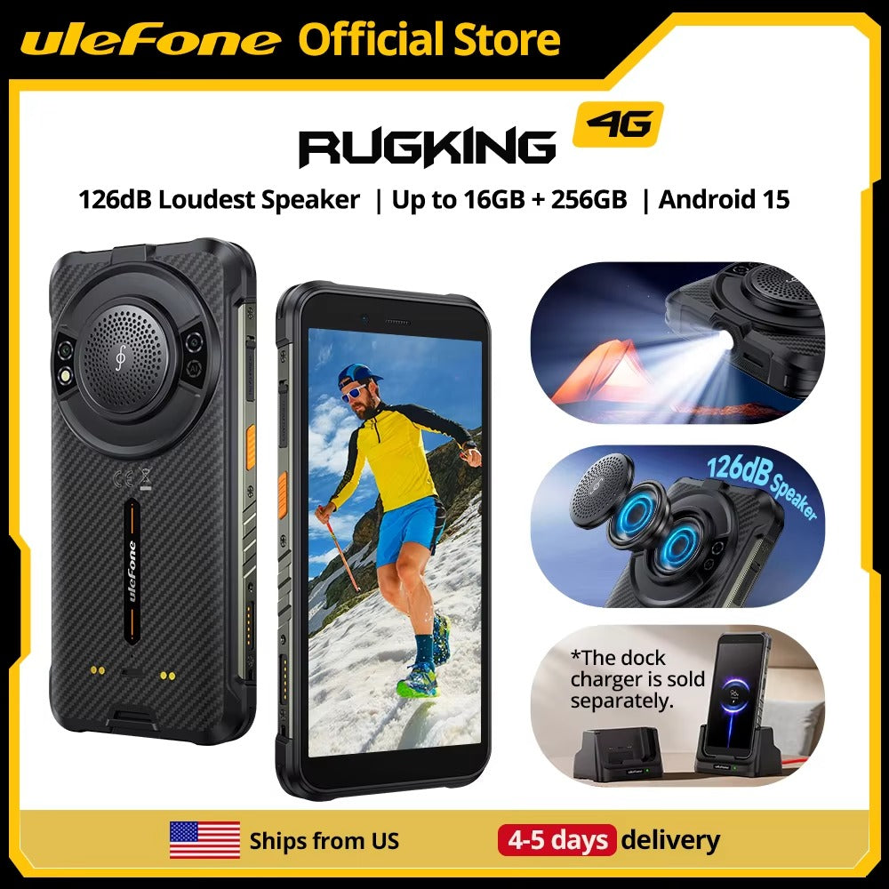 【Ships from US】Ulefone RugKing 4G Rugged Phone Android 15 Up to 16GB+256GB Waterproof Smartphone 9600mAh NFC Global Version - Rugged Phones Only