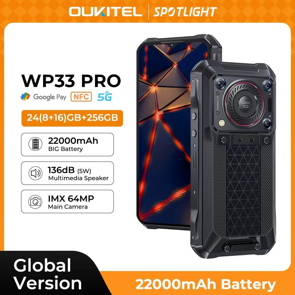Oukitel WP33 Pro 5G Rugged Phone 136dB Loudspeaker 22000mAh 6.6-inch FHD+(24GB+256GB NFC) - Rugged Phones Only