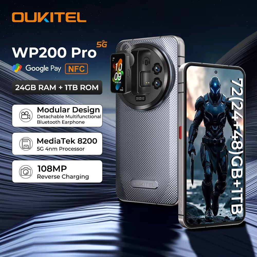 Oukitel WP200 Pro - World's First Modular Rugged Phone with a Detachable Earphone/SmartWatch, AI-enabled, 5G, 6.7'' AMOLED Display, 8800 mAh, Android 15 (24GB+ITB NFC) - Rugged Phones Only