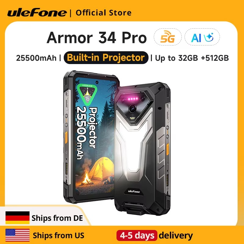 【Ships from US】Ulefone Armor 34 Pro 5G AI Rugged Phone 25500mAh Up to 32GB+512GB Built-in Projector 120Hz 6.95" NFC Smartphone - Rugged Phones Only