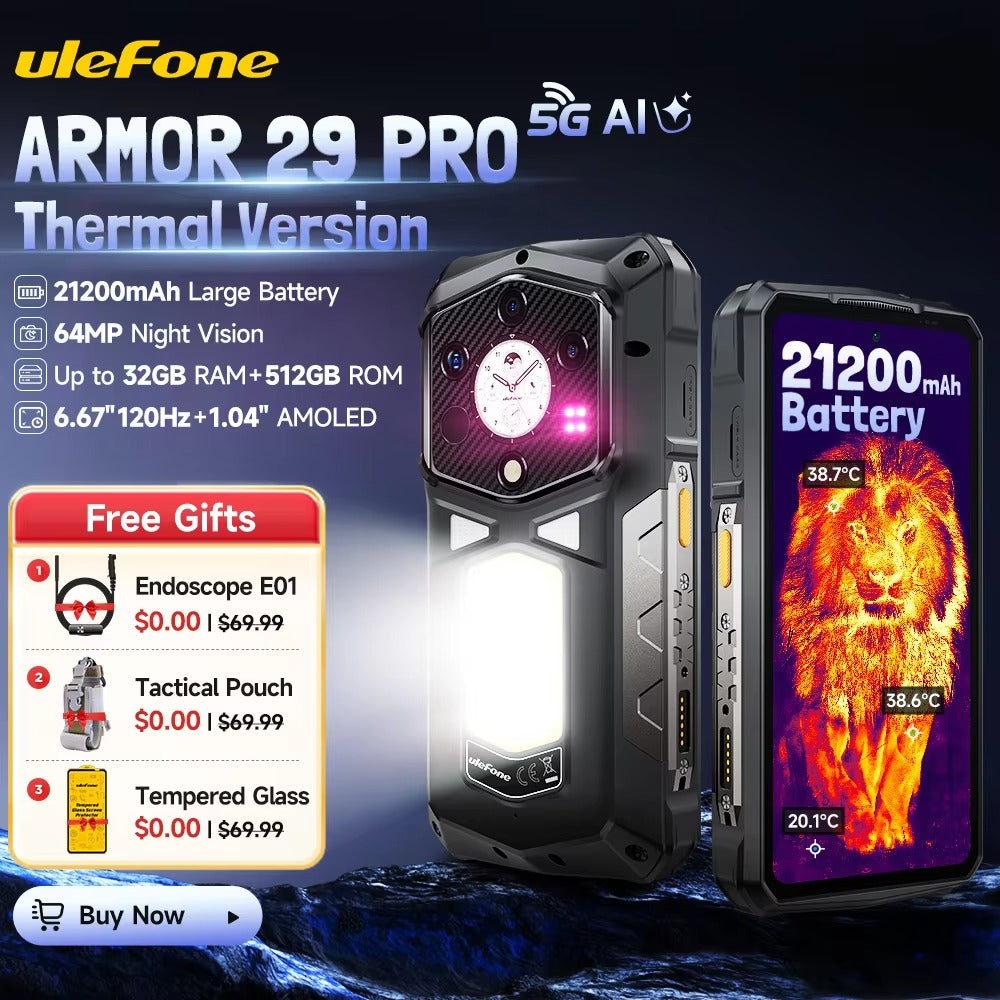 【Ships from US】 Ulefone Armor 29 Pro Thermal Version 5G AI Rugged Phone 21200mAh 120W 64MP Night Vision 6.67" 120Hz 512GB ROM - Rugged Phones Only