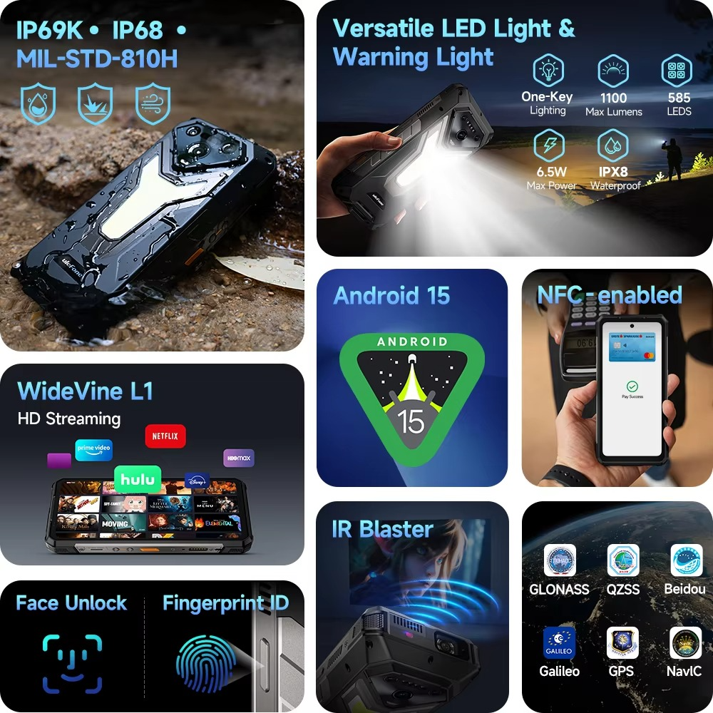 【Ships from US】Ulefone Armor 34 Pro 5G AI Rugged Phone 25500mAh Up to 32GB+512GB Built-in Projector 120Hz 6.95" NFC Smartphone - Rugged Phones Only